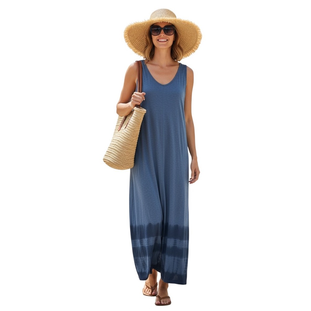 Pure Jill J. Jill Blue Tie-Dyed Cotton Maxi Dress V-Neck Sleeveless Med Tall